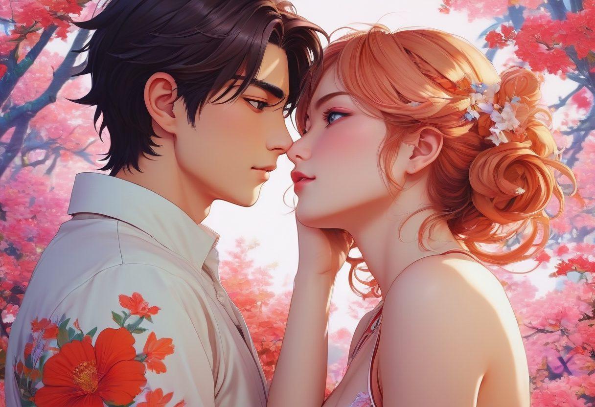 A captivating collage of stylized characters from various hentai genres, embodying sensuality and intricate emotion through vivid expressions. The background features an artistic blend of animation scenes that tell a story, intertwined with delicate floral motifs symbolizing allure. Incorporate soft gradients to enhance the mood and evoke a sense of intimacy. vibrant colors. anime art style.