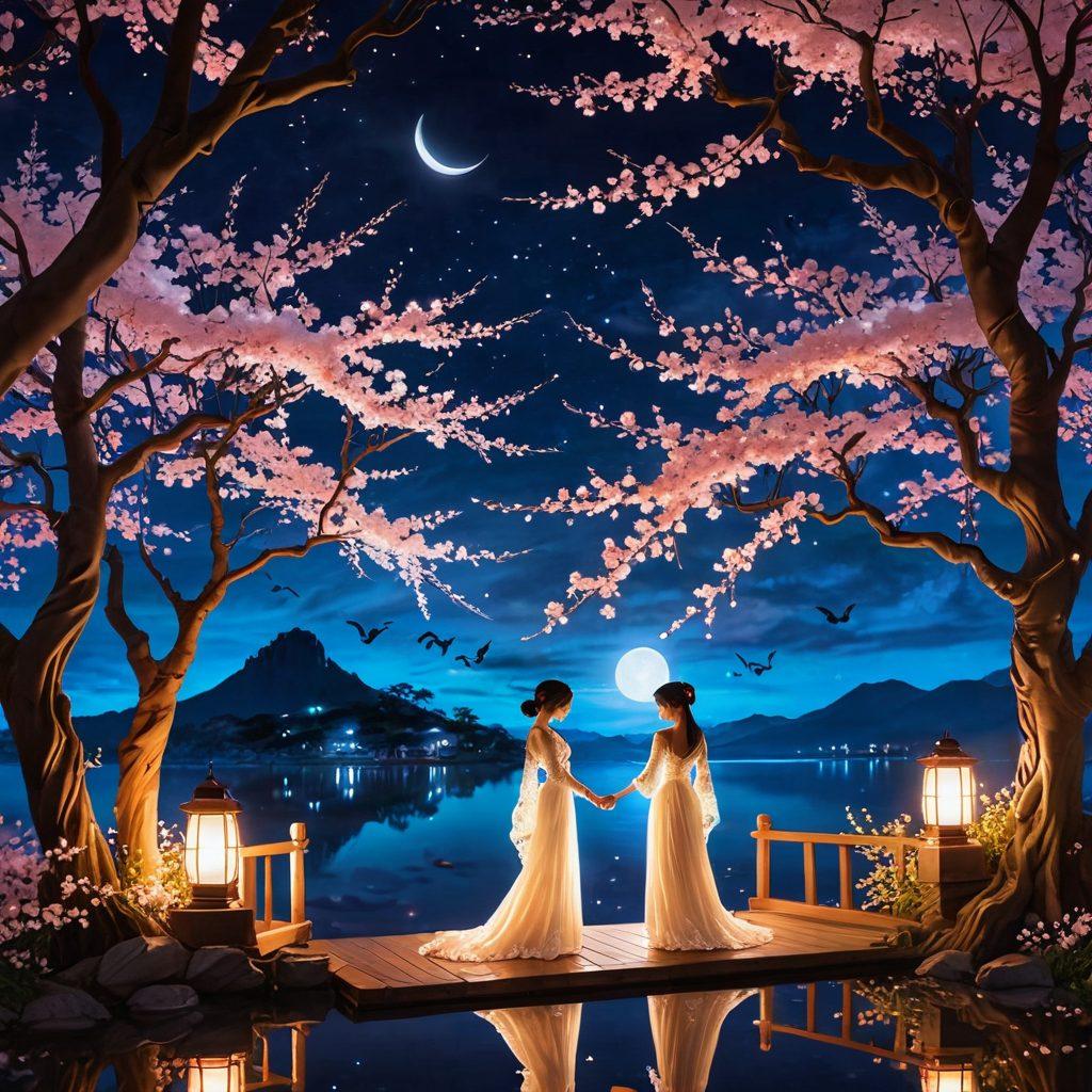 A captivating scene illustrating a moonlit night with silhouettes of intertwining figures, surrounded by ethereal cherry blossoms and delicate lace patterns. The background features whimsical clouds and soft glowing lanterns, setting a mysterious yet intimate mood. The colors should be deep and rich, highlighting the themes of desire while maintaining an artistic style that captures the essence of erotic anime. vibrant colors. fantasy art. soft glowing lights.